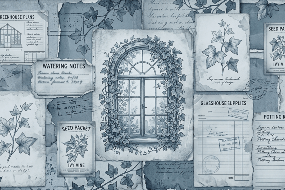 Download Vintage Blue Botanical Ephemera Paper - Premium Resources